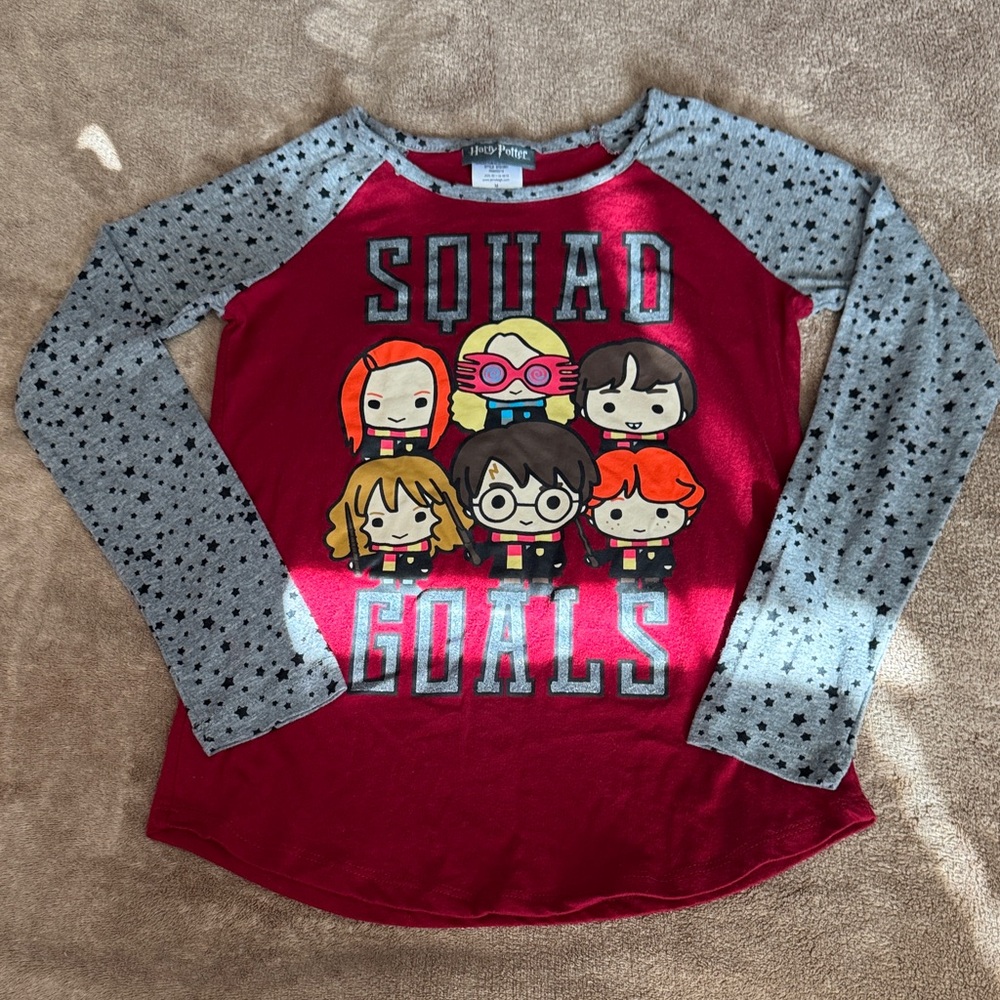 Harry Potter Red and Gray Long Sleeve Graphic Tee with stars and glitter accents